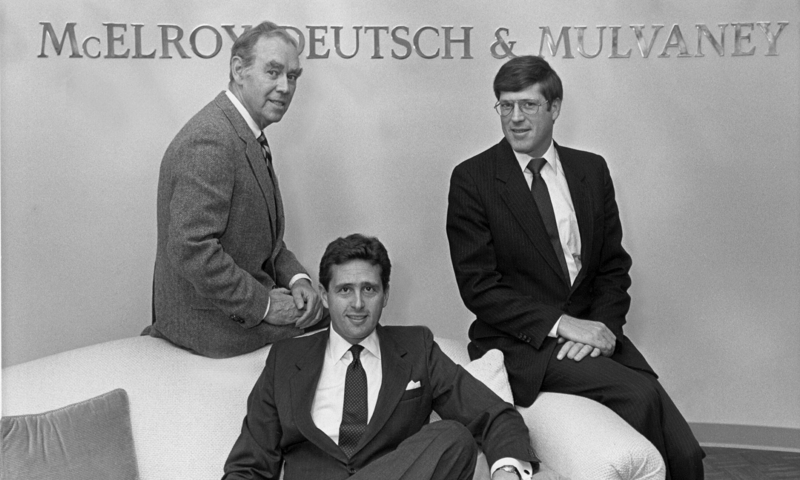 Firm founders, in an early photo circa 1984, included (left to right) William T. McElroy, Edward B. Deutsch, and James M. Mulvaney. McElroy Deutsch founders in a 1984 photo - William McElroy, Edward Deutsch and James Mulvaney